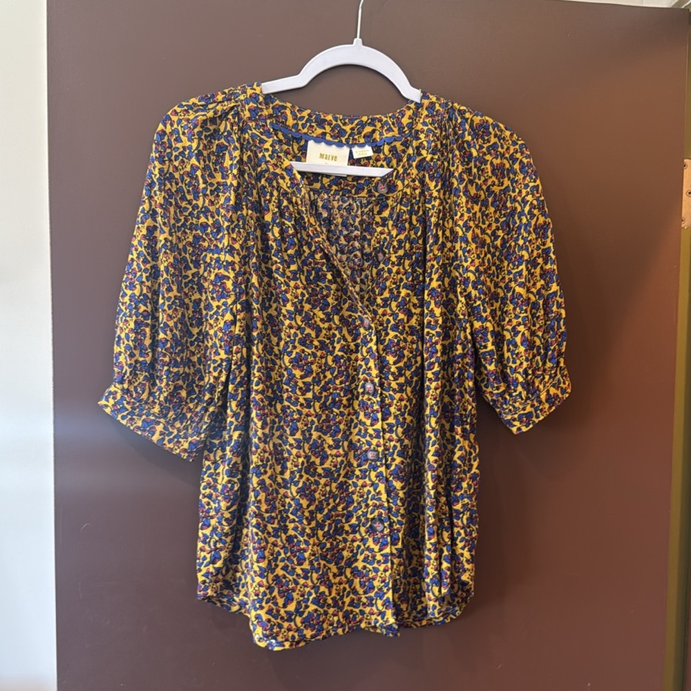 Anthropologie Maeve Floral Button-Front Puff Sleeve Blouse - Picture 2 of 7
